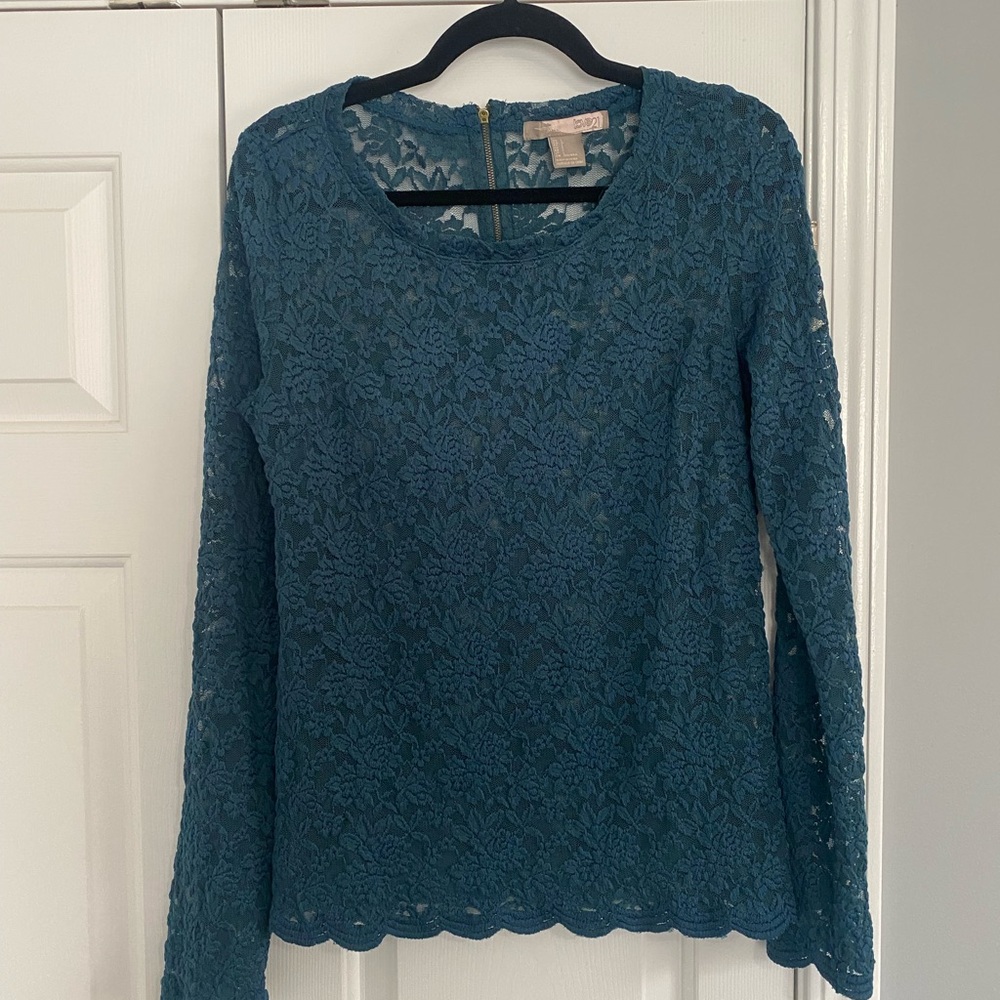 Forever 21 Green Blouse Long Sleeve Lace Textured Top size large
